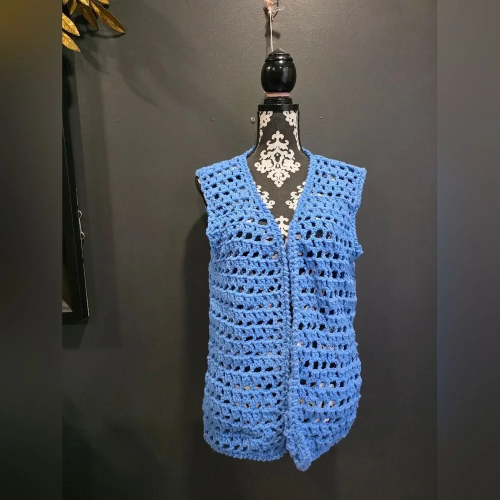 Blue Crochet Open Front Vest Cardigan